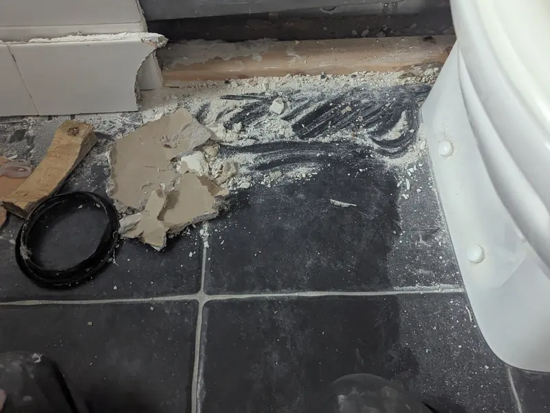 Floor lifted next to a toilet after a leak
